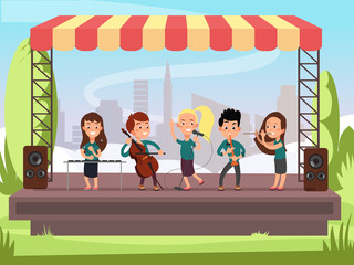 Sticker - Kids music band playing on stage at outdoor festival vector illustration