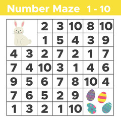 Number maze, mathematical puzzle game for children. Help bunny find Easter eggs. Counting from one to ten. Worksheet for preschool and school kids. Vector illustration.