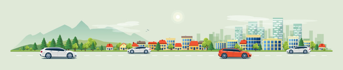Flat vector cartoon style illustration of urban landscape road with cars, skyline city office buildings and family houses in small town village in backround with forest and mountain.