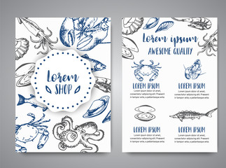 Wall Mural - Seafood banner vector template set. Hand drawn vector illustrations. Gift certificate. Sketch of crab, lobster, shrimp, oyster, mussel