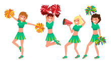 Cheerleading Team Vector. In Action. Sport Fan Dancing. Posing With Pompoms. Raising Hands Up. Competition. Flat Cartoon Illustration