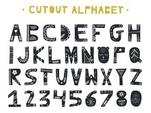 Cutout ABC - Latin Alphabet. Unique Handmade Letters With Folk Art Ornament In Scandinavian Style.