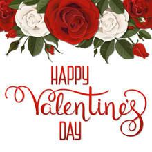 Valentines Day Lettering And White Rose Flowers. Red Text Written With A Brush. Vector Greeting Card.