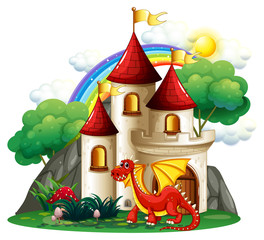 Wall Mural - Scene with red dragon and towers