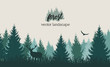 Vector vintage forest landscape with blue and grees silhouettes of trees and wild animals