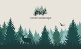 Fototapeta Las - Vector vintage forest landscape with blue and grees silhouettes of trees and wild animals