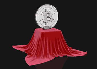 Poster - Table covered cloth with bitcoin. Image with clipping path
