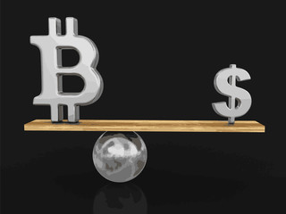 Poster - Bitcoin and dollar sign balanced on plank. Image with clipping path