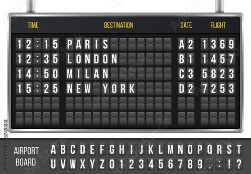 Fotografía Creative vector illustration of realistic flip scoreboard, arrival airport board with alphabet, numbers isolated on transparent background