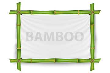  Creative vector illustration of bamboo stems frame isolated on background. Art design blank mockup template. Rope, paper, silk canvas. Abstract concept tropical signboard. Empty place for your text