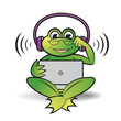happy frog vector cartoon sitting with headset and laptop