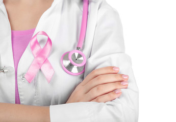 Sticker - Doctor with pink ribbon on robe against white background. Breast cancer awareness concept