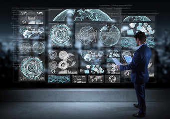 Poster - Businessman watching graph screens interface on a rooftop 3D rendering