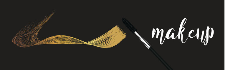 Wall Mural - Make-up cosmetic golden mascara brush stroke on white. Vector mascara gold smear