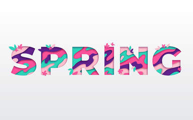 Wall Mural - Spring typography design with abstract paper cut shapes, leaves and flowers. Vector illustration. Colorful floral elements