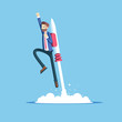 © ilyaf - Cheerful businessman flying off with jet pack vector flat illustration. Male office worker flying up by rocket and take off the ground. Business concept career boost, start up and growth