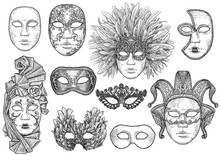 Venetian Mask Illustration, Drawing, Engraving, Ink, Line Art, Vector