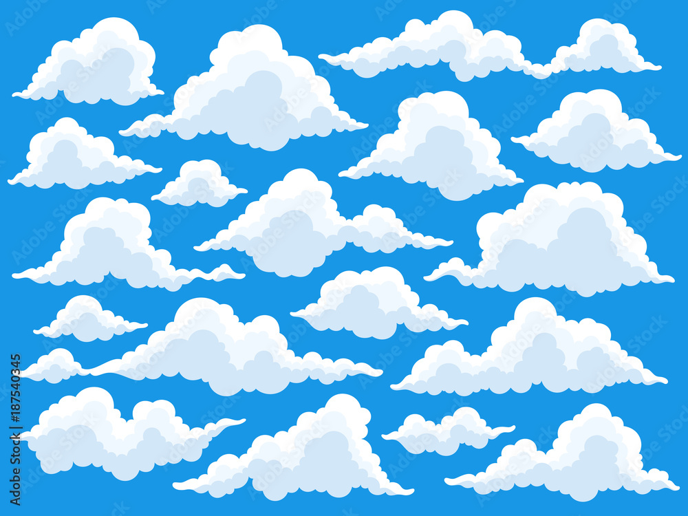 Set of cartoon clouds in blue sky. Fluffy cloud vector illustration ...