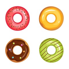 Wall Mural - Cartoon glazed sweet donut isolated vector set. Donut dessert with chocolate and sugar illustration for your web design.