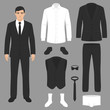  
vector illustration of a men fashion, suit uniform, jacket, pants, shirt and shoes isolated
