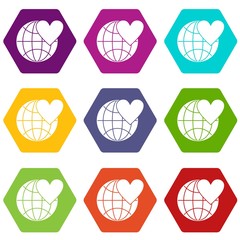 Poster - Earth world globe with heart icon set color hexahedron