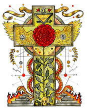 Watercolor Illustration With Rose, Cross And Mystic Symbols Isolated On White. Freemasonry And Secret Societies Emblems, Occult And Spiritual Mystic Drawings. Tattoo Fantasy Design, New World Order 