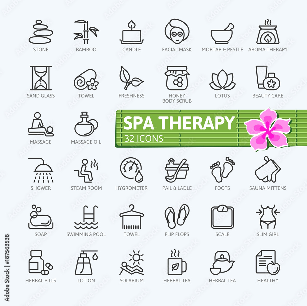 SPA therapy massage cosmetics elements - minimal thin line web icon set ...