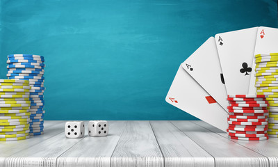 Poster - 3d rendering of a stacks of casino chips with four ace cards on a wooden table on a blue background.