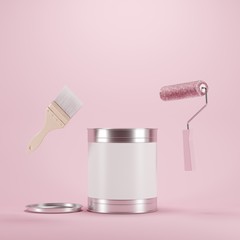 Wall Mural - Paint brush and roller paint floating on pink background with paint bucket. minimal idea concept.