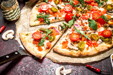 Wall Mural - Fresh pizza with ham and vegetables.