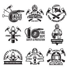 Poster - Monochrome labels set for fire department. Pictures of fireman