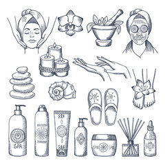 Illustrations set for spa salon. Candles, oils and stones, water therapy