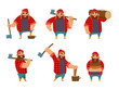 Lumberjack in different poses holding axe in hands. Vector pictures isolate on white