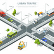 City crossroad. Illustrations of urban traffic with different cars. Vector isometric pictures