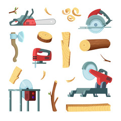 Wall Mural - Icon set of different tools of wood industry production