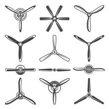 Screws And Propellers In Monochrome Style. Vector Pictures