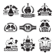 Monochrome Labels Set For Boxing Championship. Illustration Of Gloves And Boxer