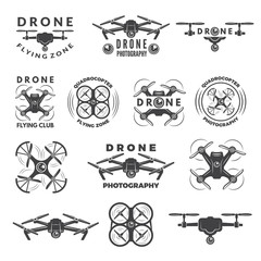 Poster - set labels with different illustrations of drones