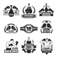 Canvas Print - Monochrome labels set for boxing championship. Illustration of gloves and boxer