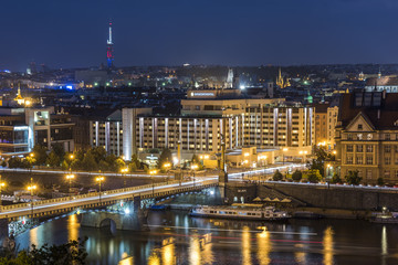 PRAGUE, CZECH REPUBLIC - JUNE 25,2016: InterContinental Hotel Prague with cityscape at sunset. Prague, Czech Republic..