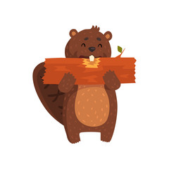 Wall Mural - happy little beaver eating piece of wood. cartoon character of wild animal with big teeth, brown fur