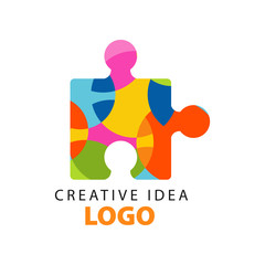 Sticker - Creative idea geometric logo template with abstract colorful puzzle piece. Education business or development center label. Flat design vector on white.