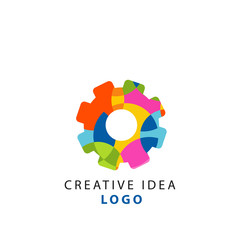 Sticker - Creative idea geometric logo template with abstract colorful gear. Thinking cogwheel mechanism concept. Vector isolated on white.