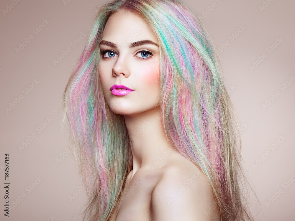 Wall Murals Beauty Fashion Model Girl With Colorful Dyed Hair