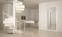 Minimalistic Stair In Modern Empty Space With Kitchen In The Background, White Architecture Interior Design