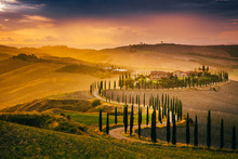  Beautiful Tuscany At Sunset After Rain. Autumn In Crete Senesi With Cypress Trees. Italy, Europe
