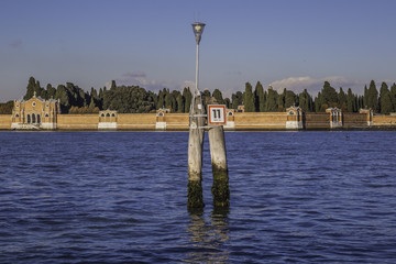 View from the Venice lagoon of the church of San Michele in Isola on the cemetery island of San Michele, Venice, Italy