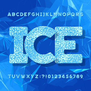 Ice typeface. Alphabet font. Letters and numbers. Abstract geometric blue background. Stock vector typeset for your headers or any typography design.