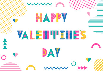 Sticker - Happy Valentines day. Trendy geometric font in memphis style of 80s-90s. Text and abstract geometric shapes isolated on white background.