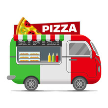Pizza Street Food Caravan Trailer. Colorful Vector Illustration, Cartoon Style, Isolated On White Background